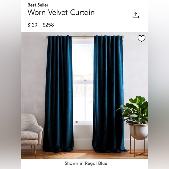 West Elm 48” x 84” Worn Velvet Curtains in Regal Blue (Sold as Pair) - Picture 1 of 5